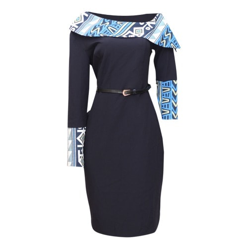 Off Shoulder Fitted Dress - Navy Blue