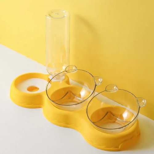 TD Double Food Bowls Auto Water Feeder Dispenser For Cat & Dog - Yellow