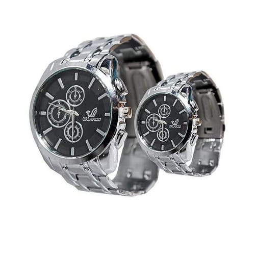 Couple's Black Dial Wristwatch - Silver