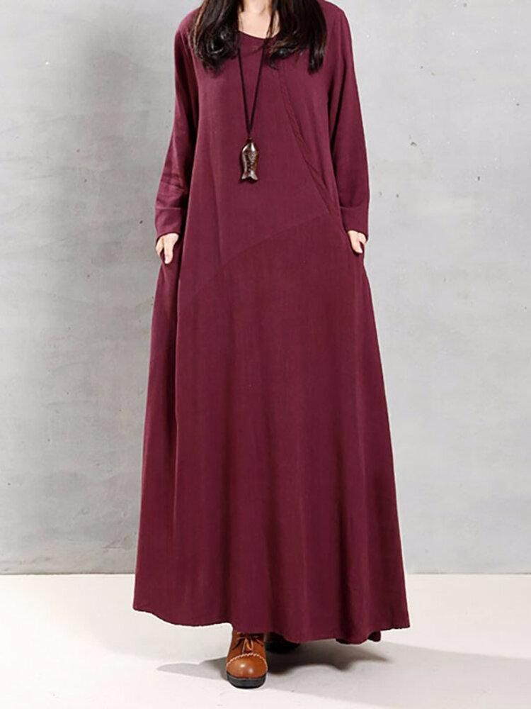 Vintage Women Cotton O-Neck Solid Color Irregular Hem Maxi Dress