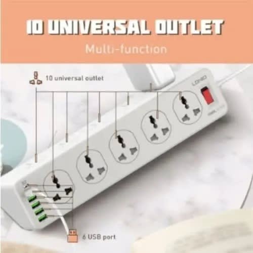 Surge Protection 6-port USB Charger With 10 Outlets /1type C - 2500w