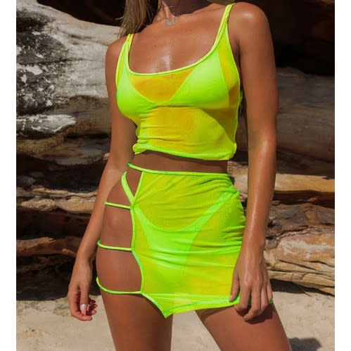 Four Pieces Swimwear Suit - Mesh Transparent Bikini High Waist Swimsuit - Neon Green