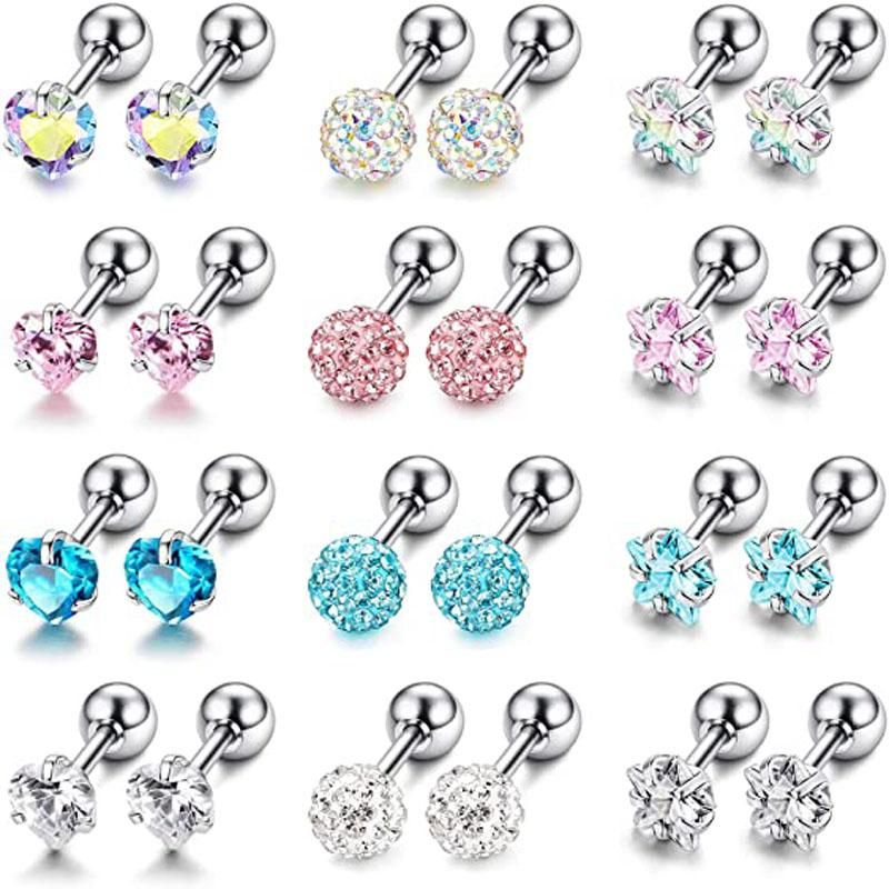 12 Pairs Shiny Zirconia Cartilage Stud Earring Tragus Helix Piercing Barbell Star Heart Ball Cartilage Earrings Set for Women
