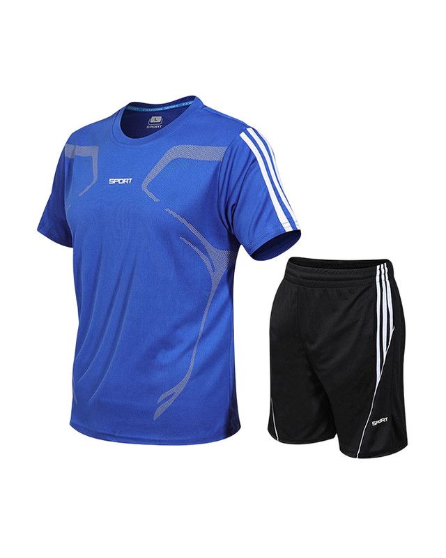 T-shirt Short Sleeve Shorts Sportwear Two-Piece Men Set-Blue