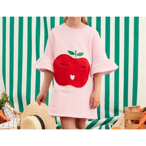 Apple Print Girl Dress- Pink