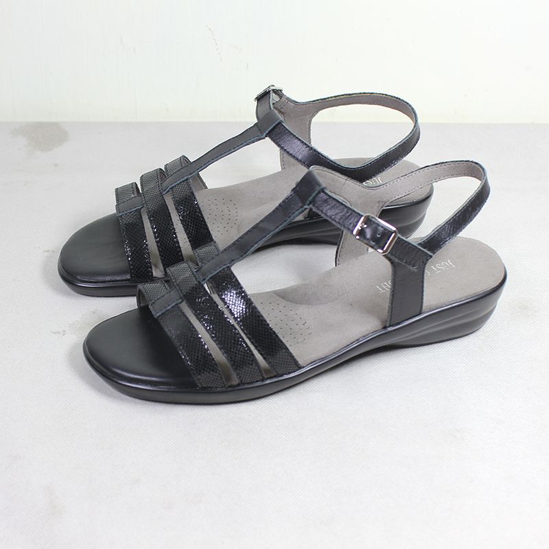 Genuine Leather Shoes Ladies Low Heel Sandals-Black