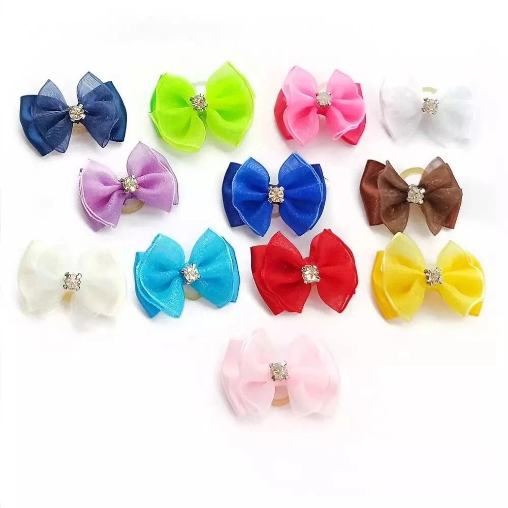 100PC/Lot Bling Rhinestone Dog Grooming Bows Gauze Pet Dog Accessories Small Dog Hair Bows Rubber Bands