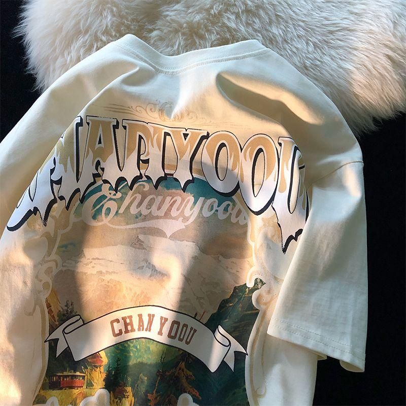 8 American Retro Art Student Style Top Vintage Landscape Fashion Brand Ins Couple Short Sleeve T-shirt Boys