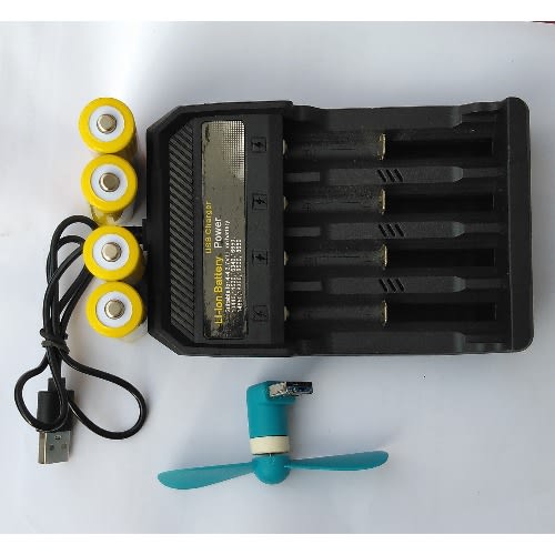 4 Slot Digital Display Charger + 3.7v  Rechargeable Battery X 4 with Free Micro USB Fan