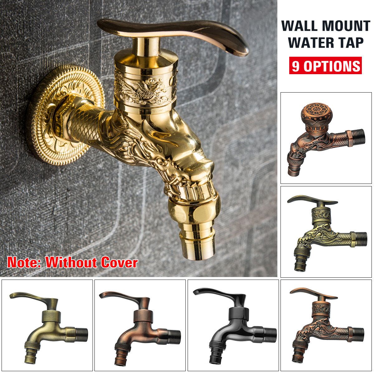 1Pcs Antique Bronze/Rose Red/Gold Dragon Carved Water Tap Wall Mount Golden Faucet Washing Machine Faucet Garden Bathroom Bibcock Taps Rose Gold Type A