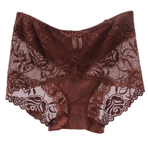 Sexy Women High Waist Lace See Through Underpants Elastic Briefs-Coffee