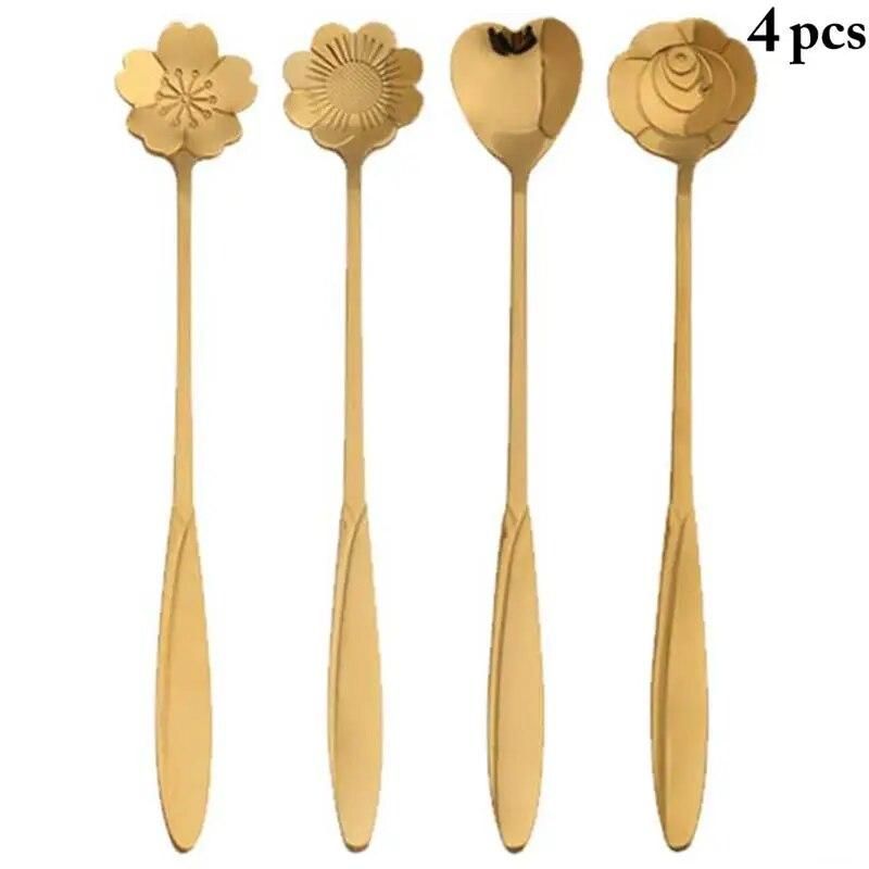 4pcs Flowers Design Gold Spoon Long Handle Dessert Tea Coffee Mixing Spoon Stainless Steel Vintage Teaspoons Drink Tableware