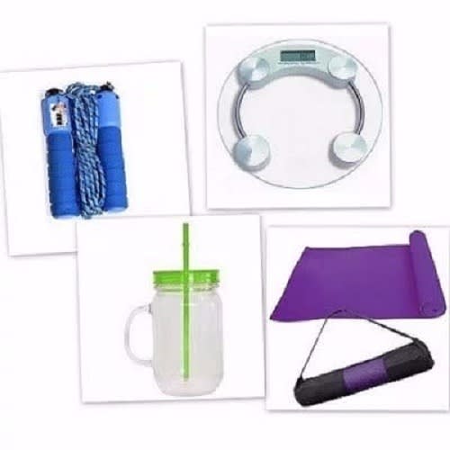 Fitness Bundle - Yoga Mat  Skipping Rope  Digital Scale  Smoothie Jar