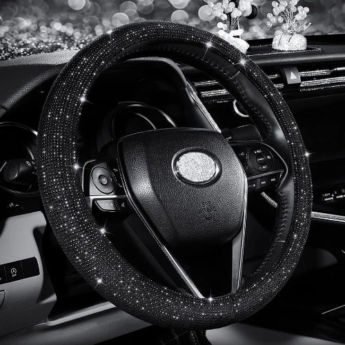 Diamond Encrusted Steering Wheel Cover - Black