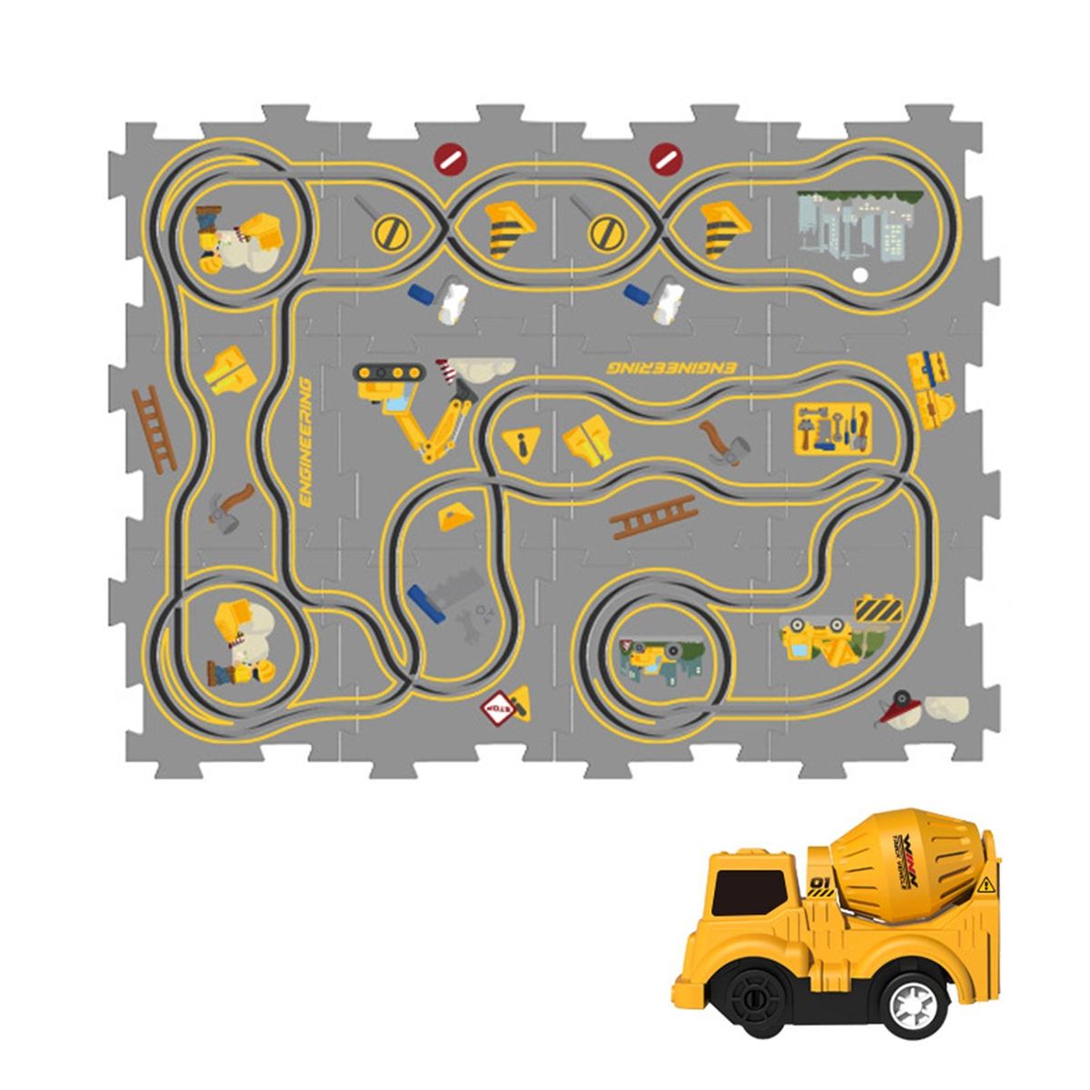 Diy Jigsaw Assembling Train Set Electric Trolley Puzzle Track for Kids Yellow