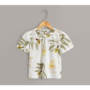Girls Botanical Print Keyhole Back Top