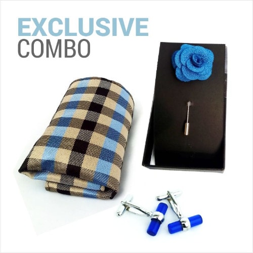 Cufflinks + Check Pocket Square + Blue Lapel pin