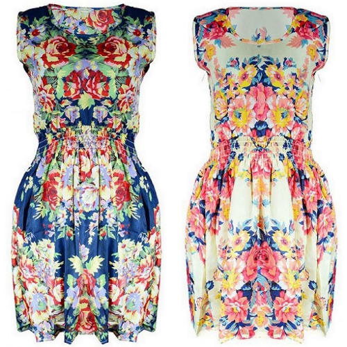 Set of 2 Flowery Print Sleeveless Midi Dress - Multi-Color