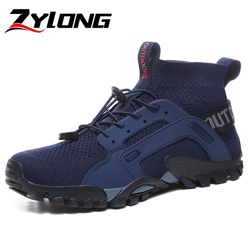Men's Fashion Outdoor Hiking & Trekking Shoes Big Size 38-48 High Quality Elastic Fabric+Microfiber Leather Breathable Climbing Mountain Sneakers Blue