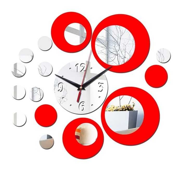 Silver Circle 3D Crystal Mirror Wall Clock Wall Sticker -Red