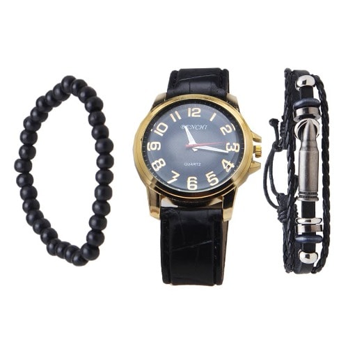 Men's Leather Wrist Watch With Bracelets