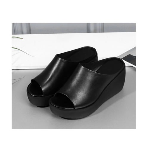 Open Toe Wedge Slippers - Black