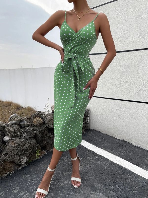 Women's Polka Dot Print Tie Front Wrap Corporate Casual Dinner Dress - Green