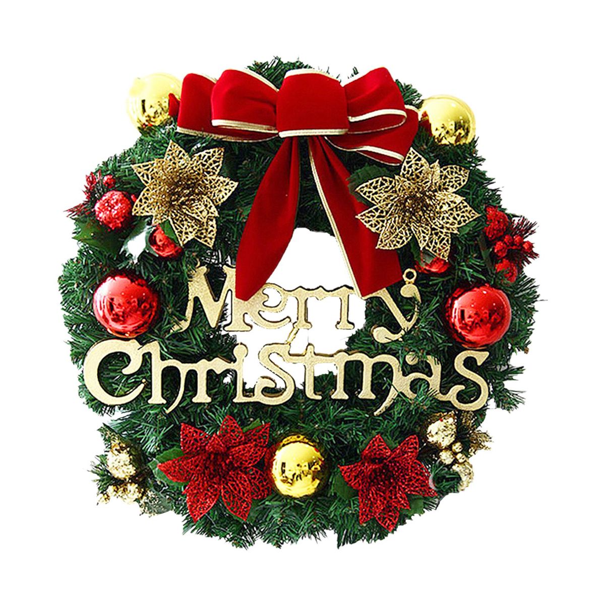 Christmas Wreath With Bow Knot Fake Flowers Balls 20 Inch Merry Christmas Hanging Garland Artificial Wreath for Front Door Wall Party Decoration