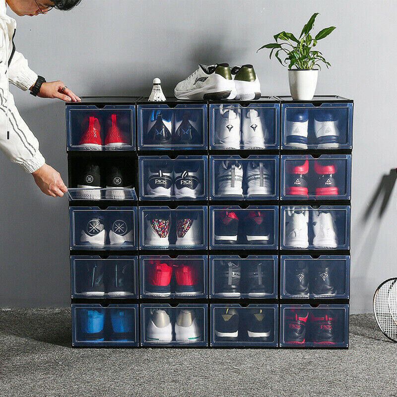 1/2/3Pcs Foldable Plastic Transparent Shoe Box Storage Clear Organizer +3 Black Small