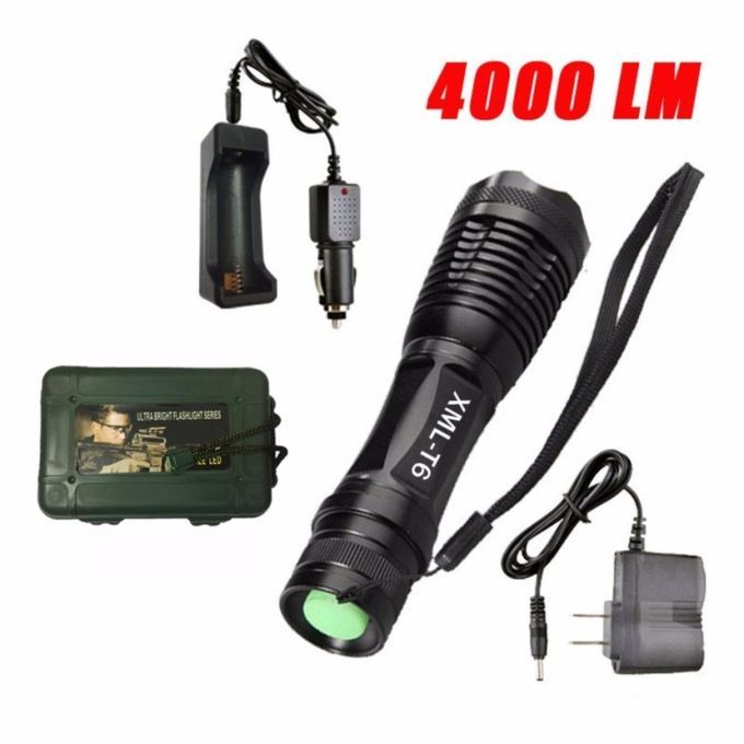 FFY LED Flashlight Torchlight Aluminum Zoomable Waterproof TorchLight Black + Car Charger + US Charger + Protective Case Box