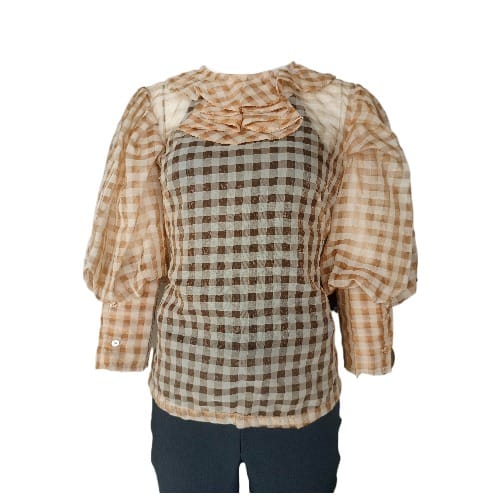 Ladies See Through Drafted Blouse With Flared Ball Sleeve - Brown