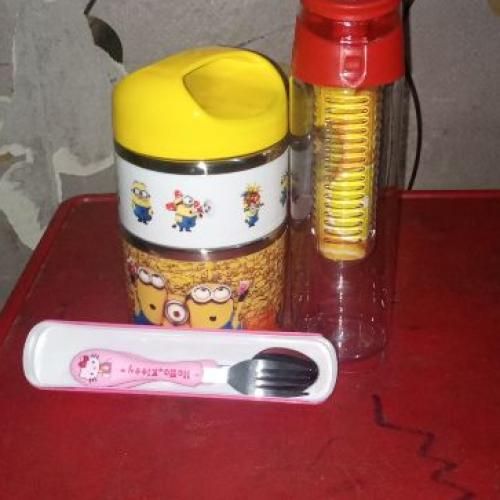 Kid 2 Layers Food Flask & Infuse Water Bottle + Free Cutlery