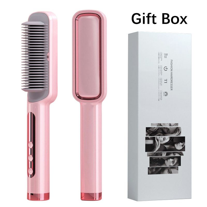 Profissional Hot Combs Anti-scalding Hair Straightener Brush Ceramic Hair Curler Heated Electric Smart Brush Hair Straightener Pink Gift Box