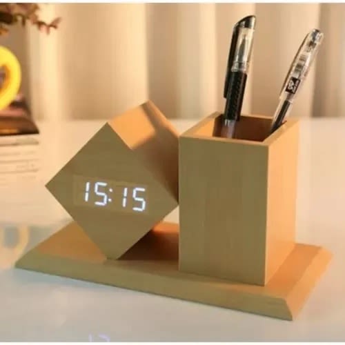 Wooden Led Digital Time Display Alarm Clock With Pen Holder