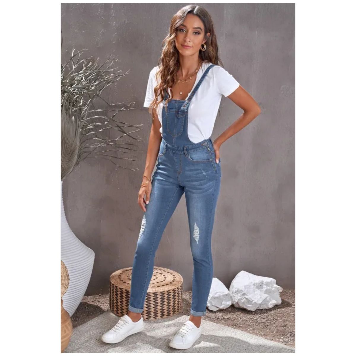 R Light Blue Distressed Skinny Denim Overall