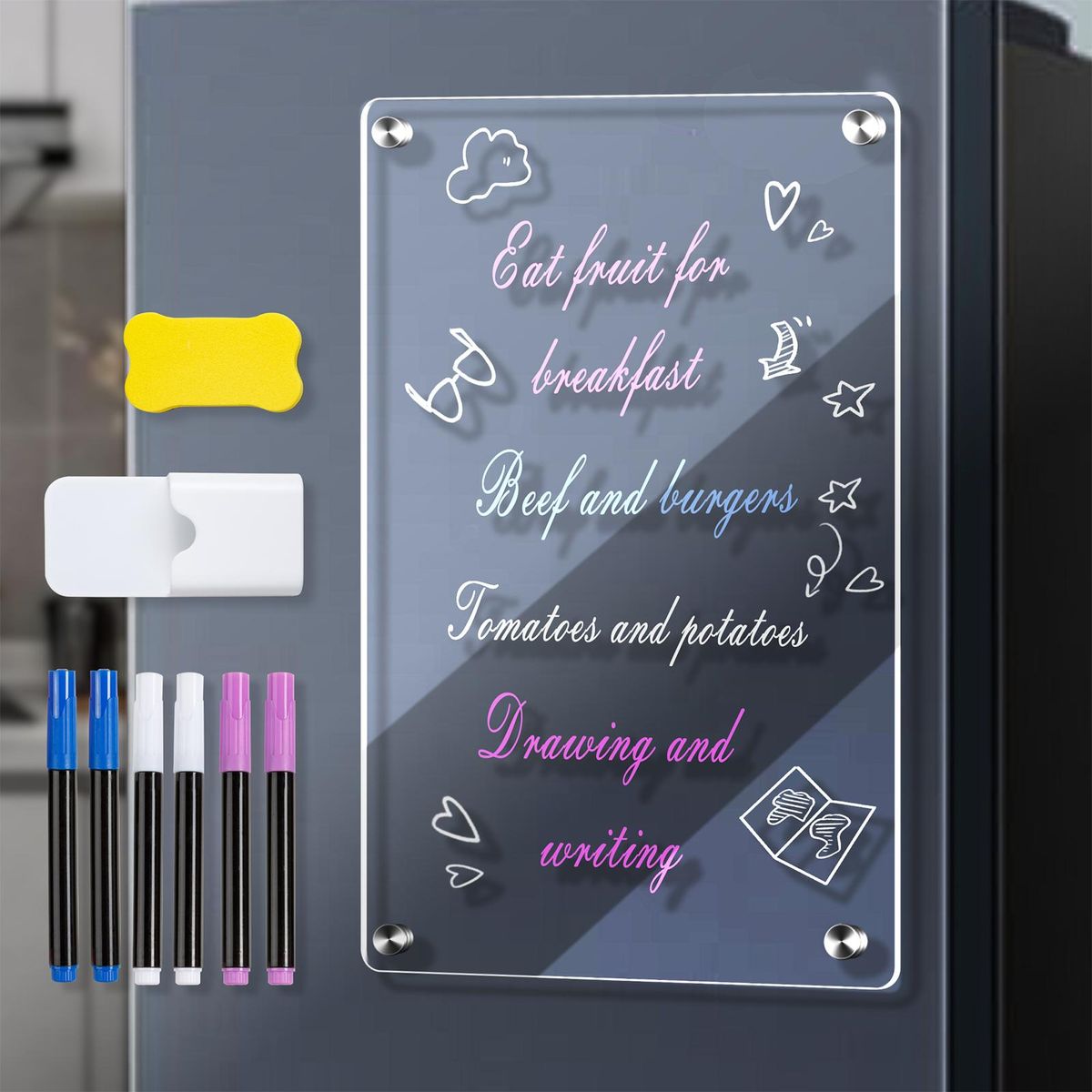 Clear Magnetic Calendar for Fridge Set 6 Colors Markers and Pen Container Weekly / Blank Planning Board Acrylic for Fridge 23X33CM