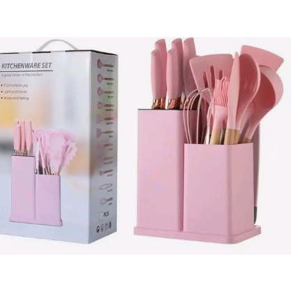 Silicon Kitchen Utensil 19pcs Spoon Set With Chopping Board - Pink