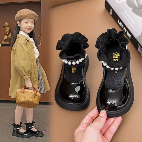Girls Mary Jane Slip On Shoes Kids Flat Princess Shoes (Black)