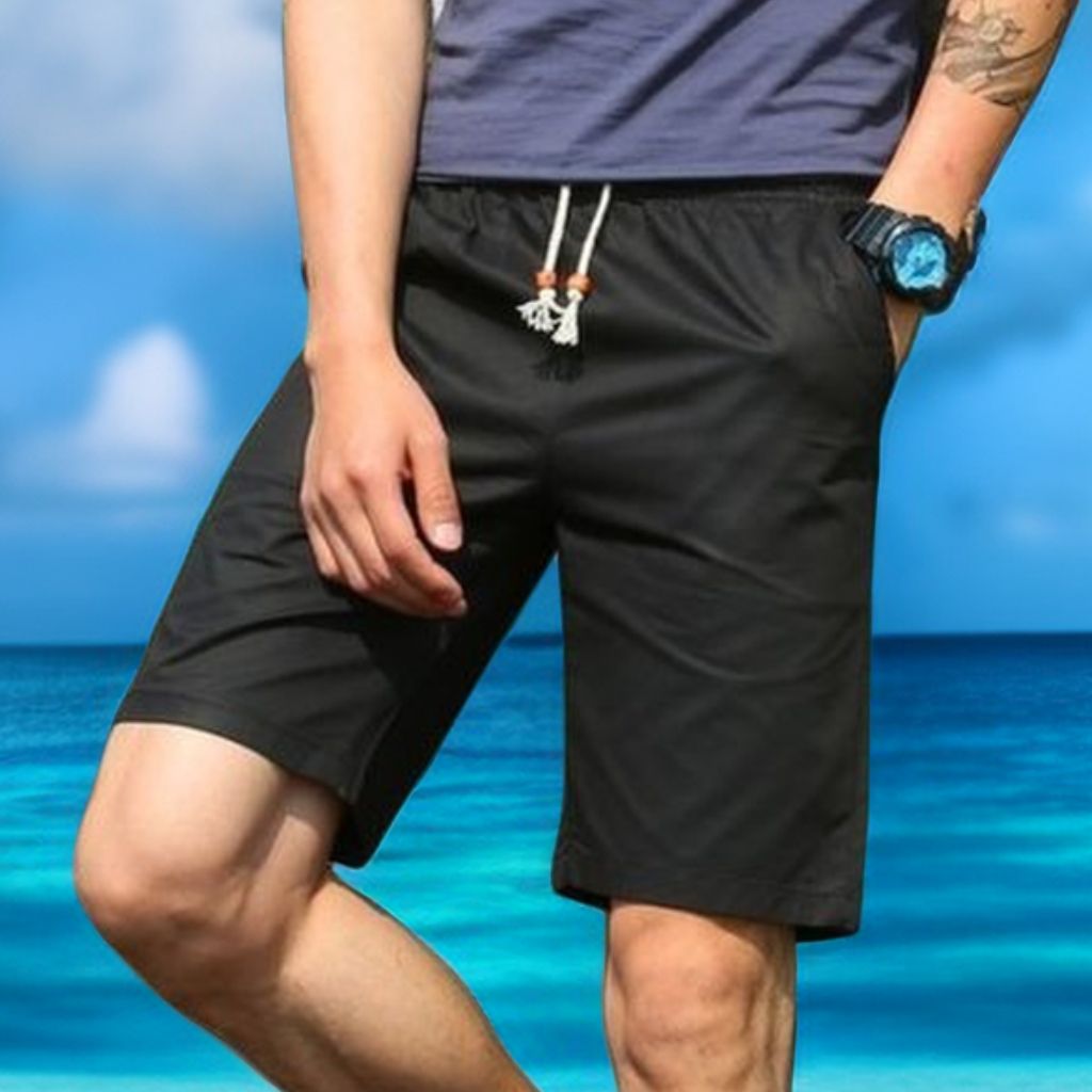 Men's Elastic Cargo Pants Shorts Nicker Joggers Beach Wear- Black