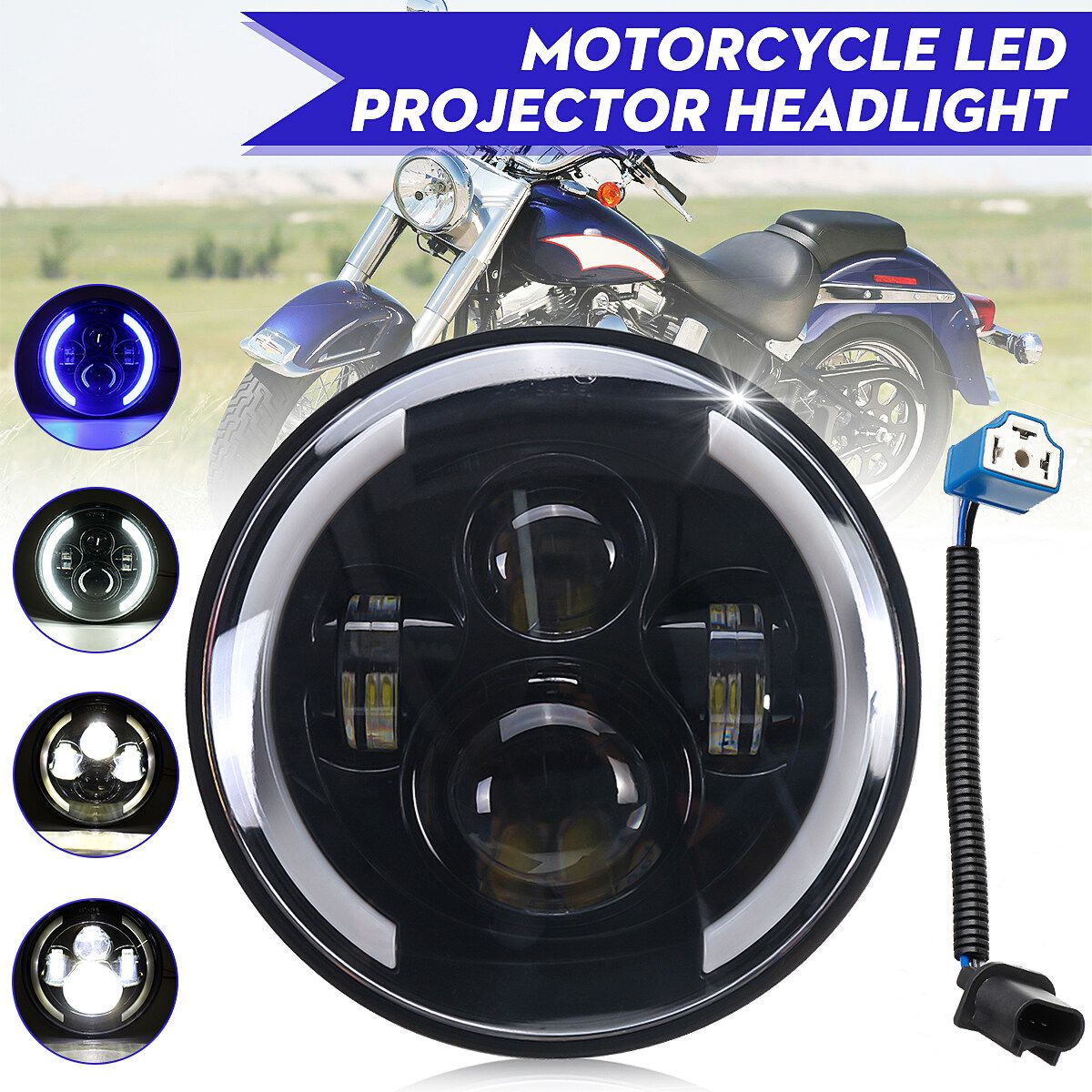 7" 200W Motorcycle LED Projector Headlight Hi-Lo Beam Bracket For Cafe Racer