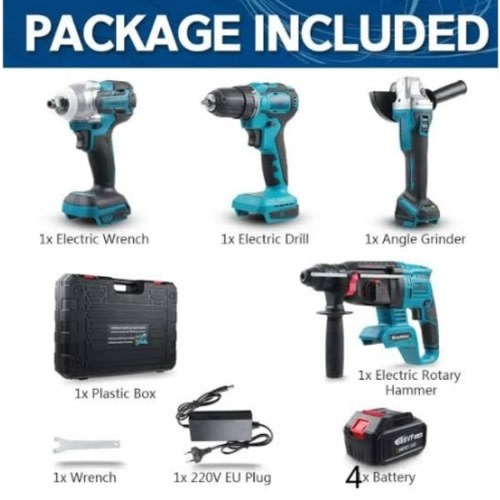 Cordless 4 Pcs Combo - Grinder / Impact Wrench / Drill /Rotary Hammer X 4 Batteries