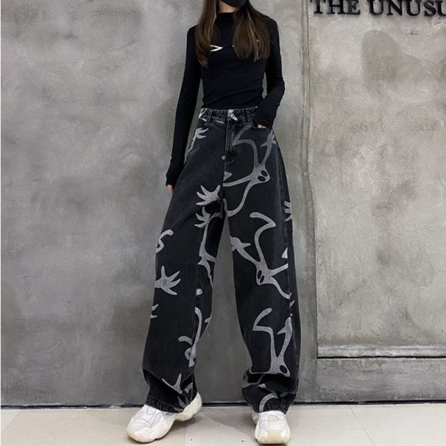 Denim Goth Pants Loose Graphic Jeans Woman High Waist Denim Trousers Explosive
