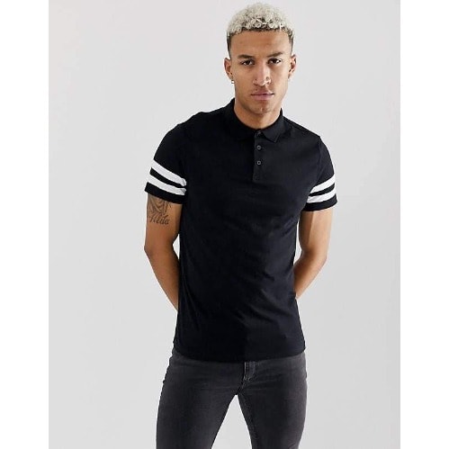 Polo Shirt With White Stripes - Black