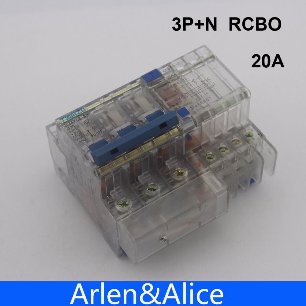Circuit 3P+N 60HZ Current Residual 50HZ DZ47LE 400V~ 20A