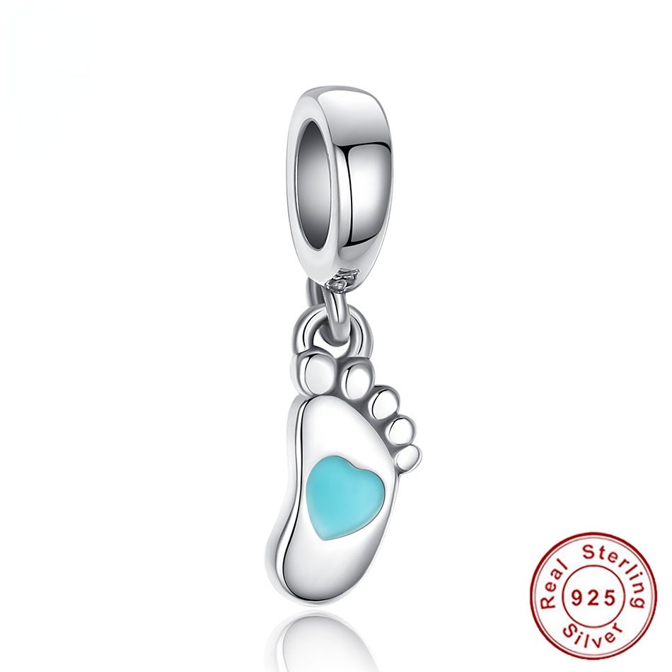 925 Sterling Silver Blue Enamel Footprint Pendant For DIY Beads
