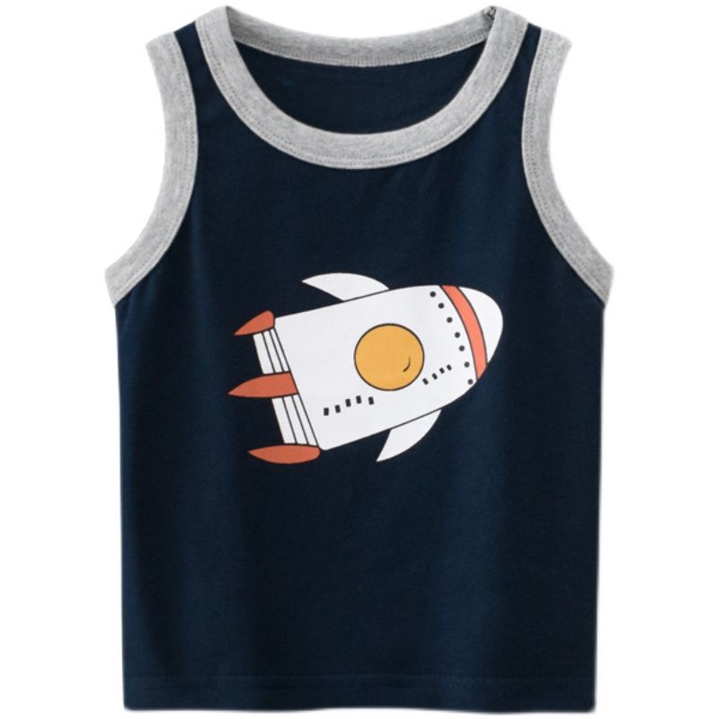 100% Cotton Kid Car Print Sleeveless Tank Tops-Navy