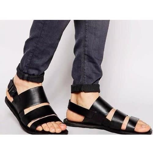 Men's Triple Strap Leather Sandal - Black
