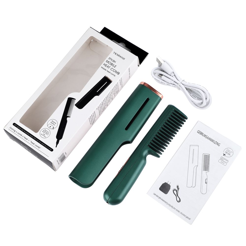 2 In 1 Straight Hair Combs Electric Hair Straightener Wireless Fast Heated Wave Curling Hair Styling Tools Beard Hair Brush Comb Green