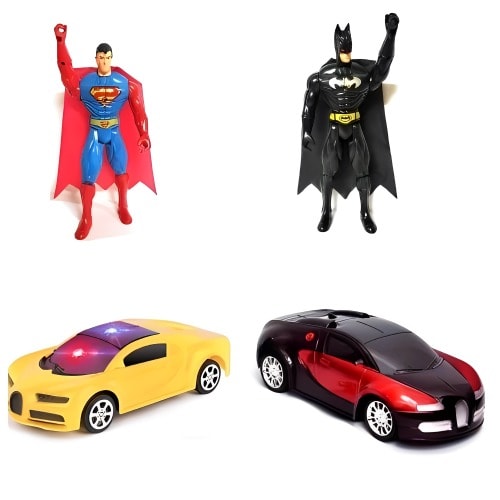 Super Man + Spider Man Figures & Toy Sport Cars For Children -  Red And Yellow