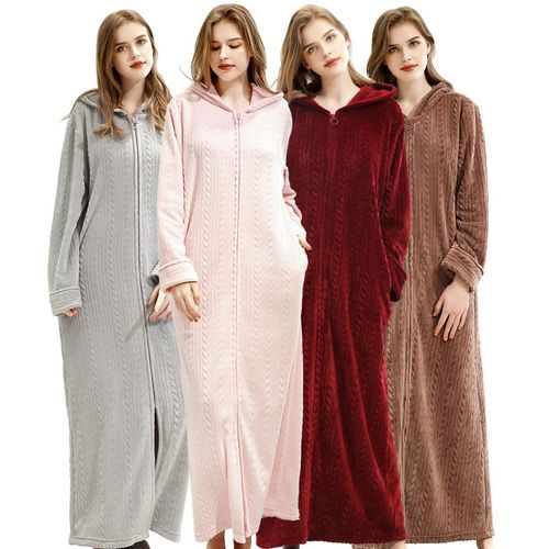 Flannel Zipper X-Long Bathrobe Women Spring Couple's Home Clothes 2020 Solid Long Sleeve Coral Velvet Hooded Robe For Ladies（#Pink）